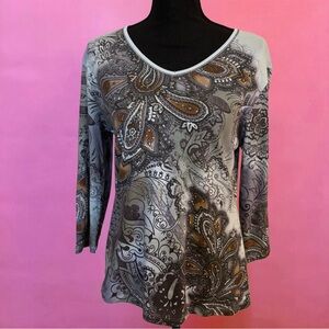 Vintage 2000s Y2K Mallcore Pastel Blue Paisley Boho Chic V-Neck Shirt - Medium